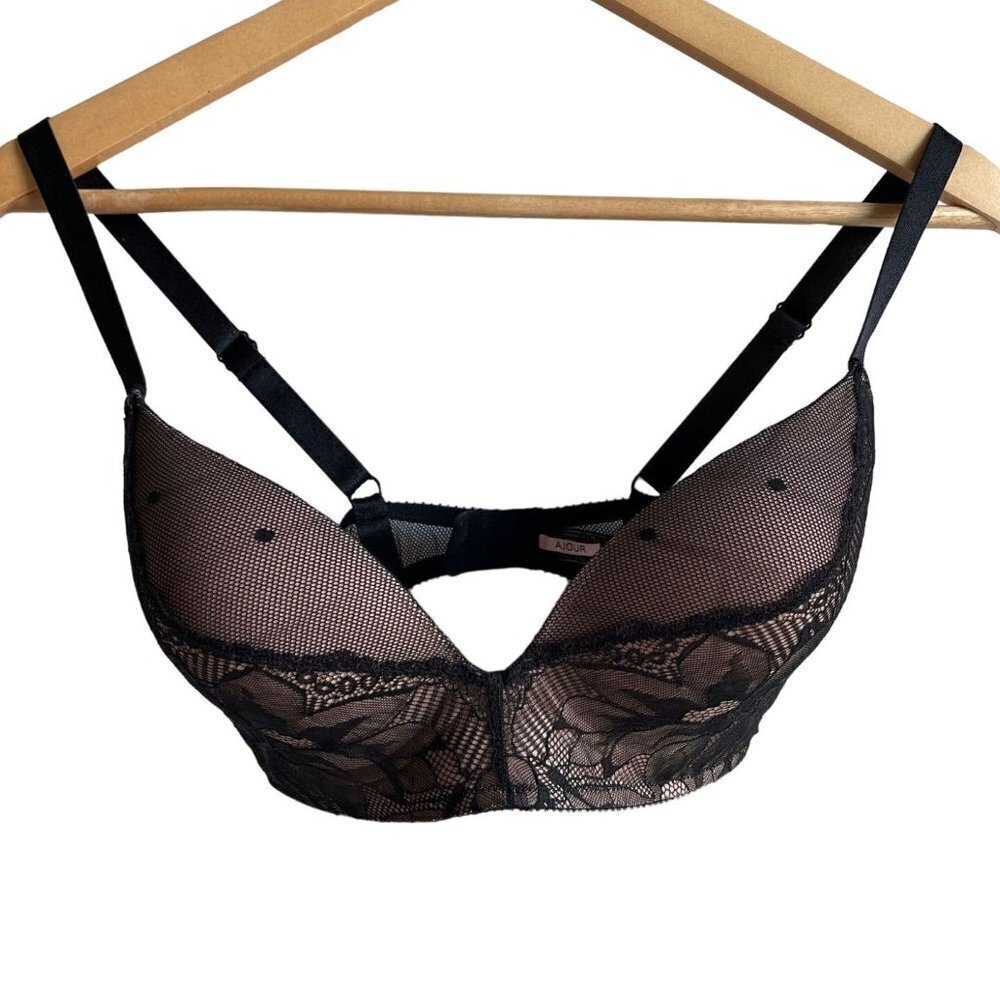 AJOUR Black Lace Lightly Lined Bra Size 34D Mesh Floral Padded Underwire Cups
